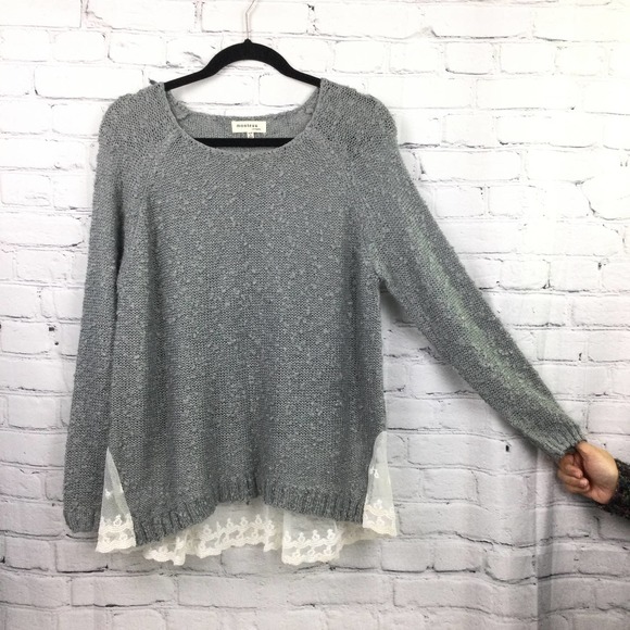 Monteau Los Angeles Grey Swiss Dot Lace Hem Boat Neck Pullover Sweater L - Picture 3 of 16
